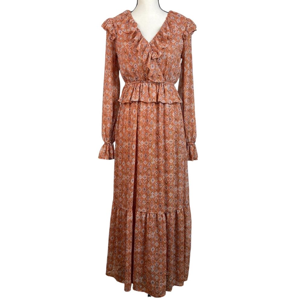 Moon River Anthropologie Maxi‎ Dress Small Long Sleeve Ruffle V‑Neck Tiered Boho